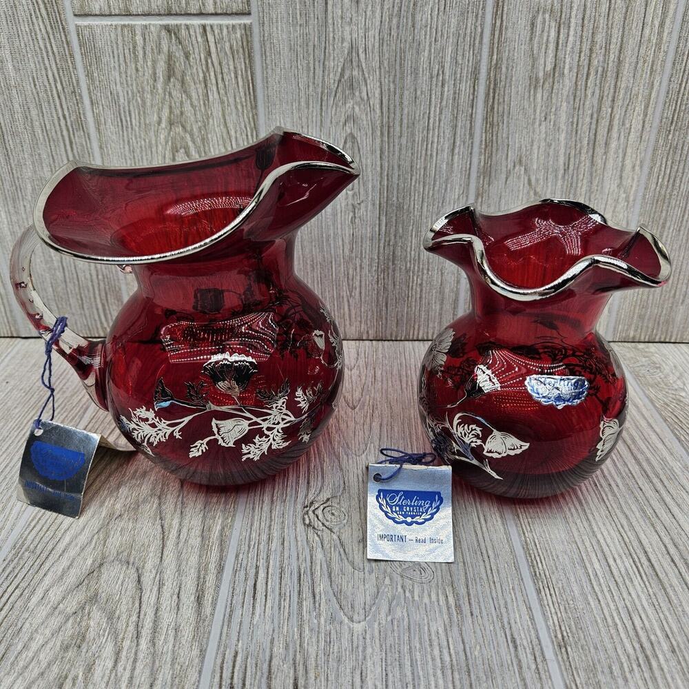 Silver City Glass Co Flanders Poppy Sterling On Red Crystal‎ Pitcher & Vase